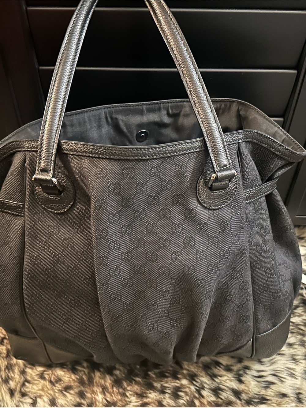 Gucci Black Denim Monogram Tote with Leather Trim - Authentic - Like New
